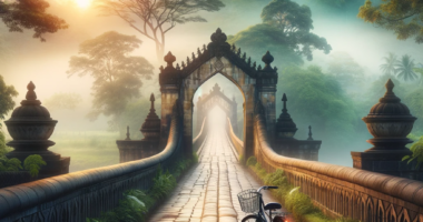 A digital painting of a bicycle on an old stone bridge, surrounded by lush greenery and traditional Islamic architectural elements. It's dawn, with a