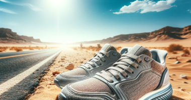 A photograph of a new pair of shoes on an old desert path under a clear sky. The image captures the contrast between the modern, untouched shoes and t
