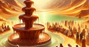 painting illustrating a dream about chocolate in the context of Islamic tradition and religion. The scene depicts a tranquil oasis in the de