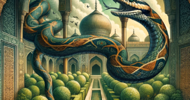 Digitalna ilustracija sna o zmiji u islamskom kontekstu. Umjetničko djelo prikazuje veličanstvenu zmiju koja vijuga kroz drevni islamski vrt, s