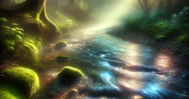 Potok koji vijuga kroz šumu, osvetljen eteričnim svetlom u sanjivoj atmosferi.