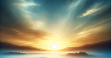 Zora se uzdiže iznad mirnog pejzaža, s toplim zracima koji osvetljavaju magloviti horizont